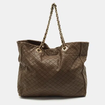 Pre-owned Dolce & Gabbana Dark Beige Quilted Leather Lily Glam Tote