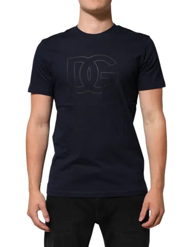 Dolce & Gabbana Dark Blue Cotton Dg Logo Print Men's Top T-shirt In Black