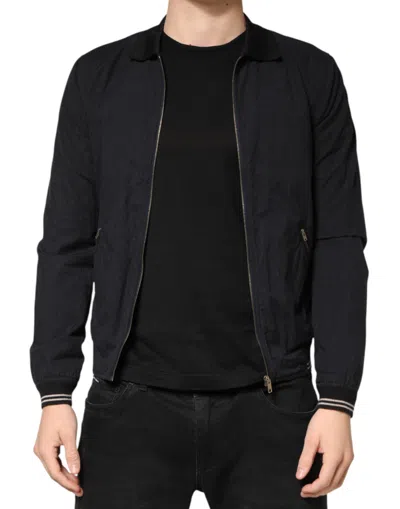 Dolce & Gabbana Dark Blue Cotton Full Zip Bomber Men Jacket In Black