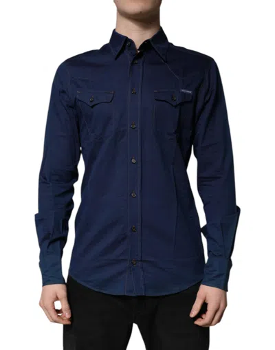 Pre-owned Dolce & Gabbana Dark Blue Cotton Gold Dress Formal Men's Shirt ()