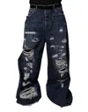 Dolce & Gabbana Dark Blue Tattered Wide Leg Men Denim Jeans In Blue