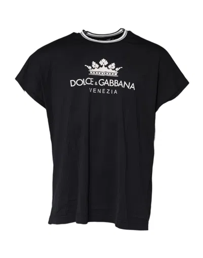 Dolce & Gabbana Dark Blue Venezia Crown Cotton Crew Neck T-shirt In Black