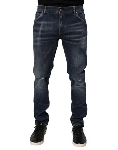 Dolce & Gabbana Dark Blue Washed Running Ripped Denim Jeans In Gold