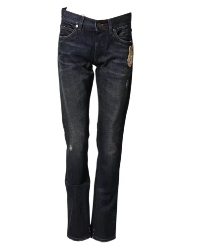 Dolce & Gabbana Dark Blue Watch Gold Men Skinny Denim Jeans In Black