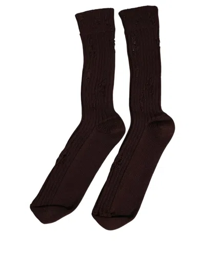 Dolce & Gabbana Dark Brown Cotton Distressed Mid Calf Accessory Socks