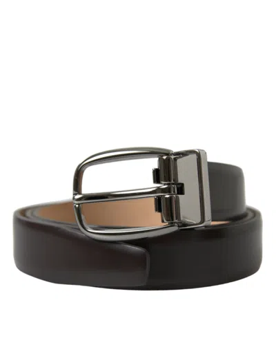 DOLCE & GABBANA DARK BROWN LEATHER SILVER METAL BUCKLE BELT