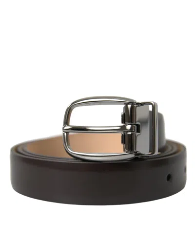 Dolce & Gabbana Dark Brown Leather Silver Metal Buckle Men's Belt In Black