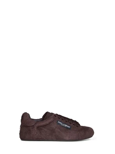 Dolce & Gabbana Dark Brown Suede Split Leather Portofino Soft Sneakers