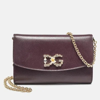 Pre-owned Dolce & Gabbana Dark Burgundy Dg Crystals Wallet On Chain