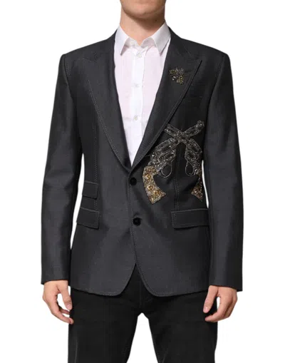 Dolce & Gabbana Dark Gray Bee Embroidery Sicilia Coat Blazer