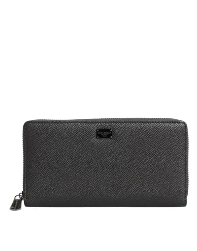 Dolce & Gabbana Dark Gray Leather Dg Logo Zip Around Continental Wallet In Black