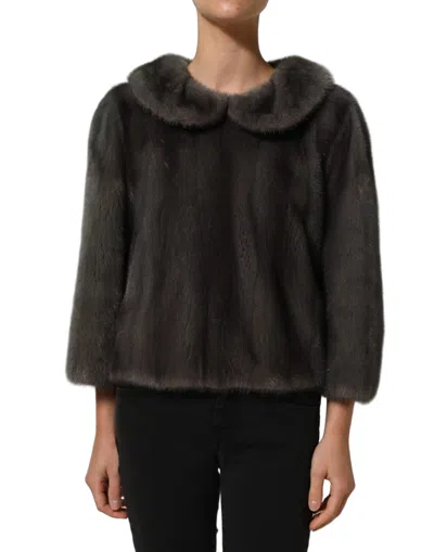 Dolce & Gabbana Dark Gray Mink Fur Round Collar Blouse Women's Top