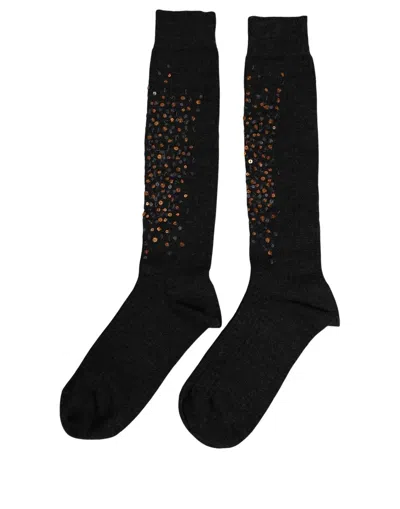 Dolce & Gabbana Dark Gray Sequined Wool Knee High Accessory Socks