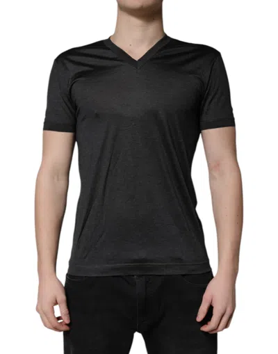 Dolce & Gabbana Dark Gray Silk V-neck Short Sleeves T-shirt In Black