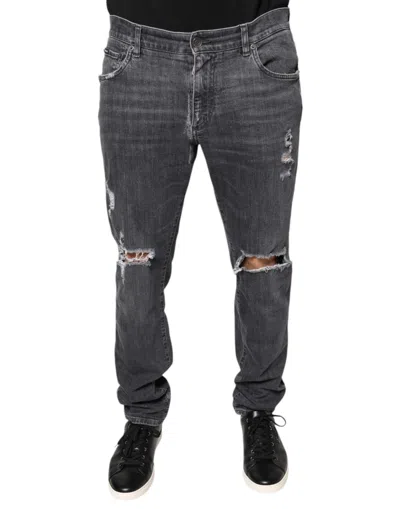 Pre-owned Dolce & Gabbana Dark Gray Tattered Cotton Skinny Denim Men's Jeans ()