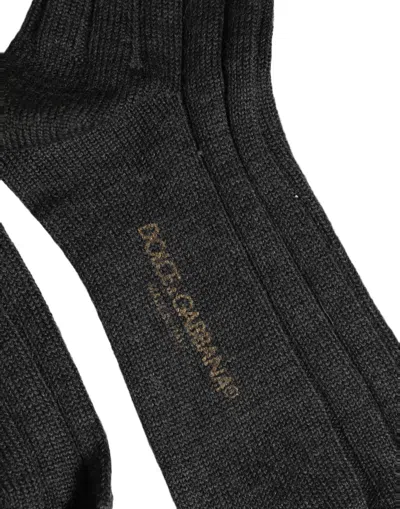 Dolce & Gabbana Dark Gray Wool Logo Calf Long Ribbed Accessory Socks
