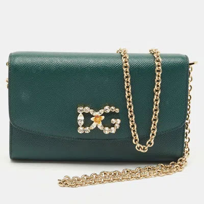 Pre-owned Dolce & Gabbana Dark Green Leather Dg Logo Crystals Wallet On Chain