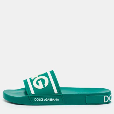Pre-owned Dolce & Gabbana Dark Green Rubber Logo Flat Slides Size 44