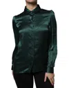 Dolce & Gabbana Dark Green Silk Button Down Long Sleeves Blouse Top In Green