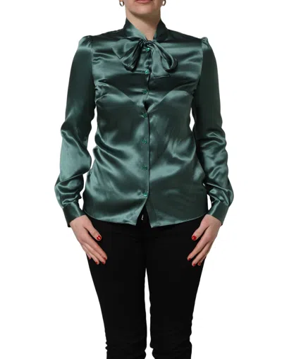 Pre-owned Dolce & Gabbana Dark Green Silk Satin Blouse Neck Tie Women's Top ()