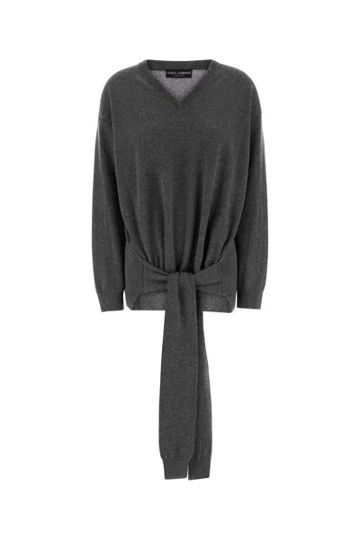 Dolce & Gabbana V-neck Knotted Cashmere Sweater Clothing In Gray