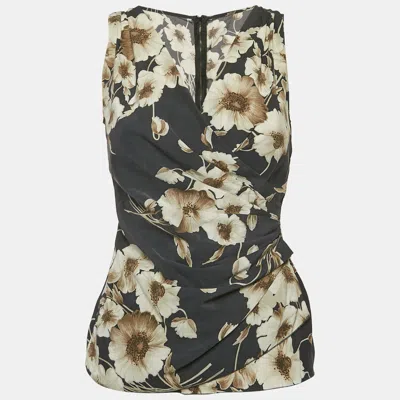 Pre-owned Dolce & Gabbana Dark Grey Floral Print Silk Blend Draped Top S