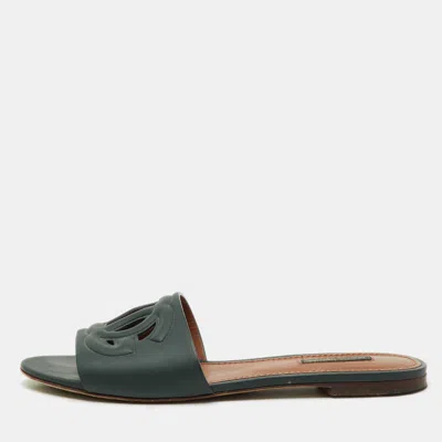 Pre-owned Dolce & Gabbana Dark Moss Green Leather Dg Cut Out Flat Slide Sandals Size 38