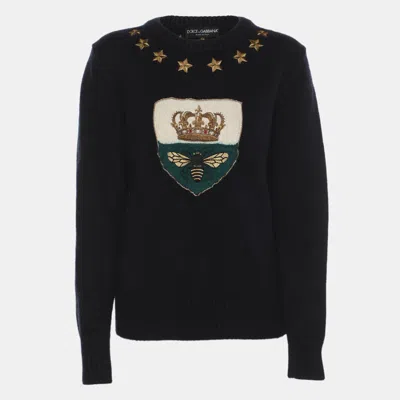 Pre-owned Dolce & Gabbana Dark Navy Crown Bee Embroidered Cashmere And Wool Sweater M In Blue