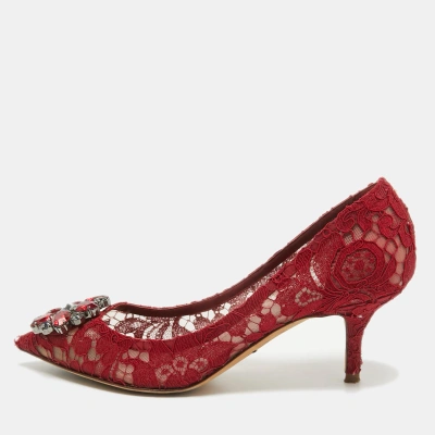 Pre-owned Dolce & Gabbana Dark Red Lace Bellucci Pumps Size 38.5