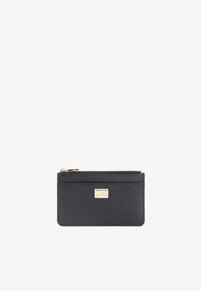 Dolce & Gabbana Dauphine Leather Zip Cardholder In Black