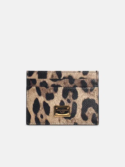 Dolce & Gabbana 'dauphine' Leopard Print Leather Card Holder In Brown