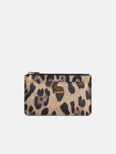 Dolce & Gabbana 'dauphine' Leopard Print Leather Card Holder In Brown