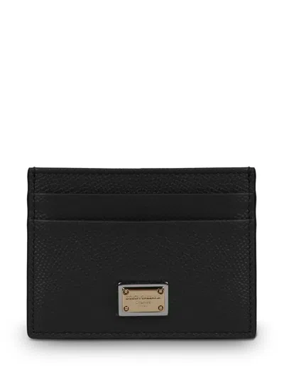 Dolce & Gabbana Black Leather Card Holder With Logo Plaque In Brown