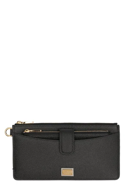 Dolce & Gabbana Leather Cardholder With Textured Finish And Gold-tone Hardware In Black