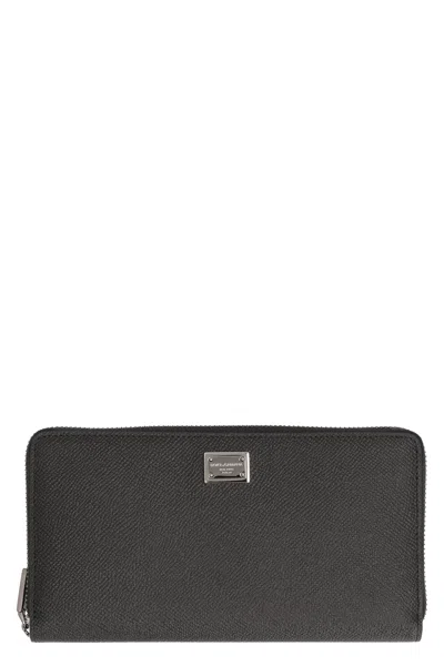 Dolce & Gabbana Dauphine-print Calfskin Leather Zip-around Wallet In Black