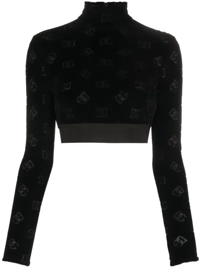 Dolce & Gabbana Debossed-logo Pattern Cropped Top In Black