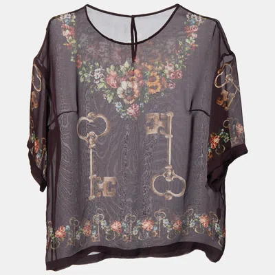 Pre-owned Dolce & Gabbana Deep Maroon Floral Key Print Silk Sheer Blouse S In Red