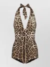 Dolce & Gabbana Deep Neckline One Piece Swimsuit Leopard In Brown