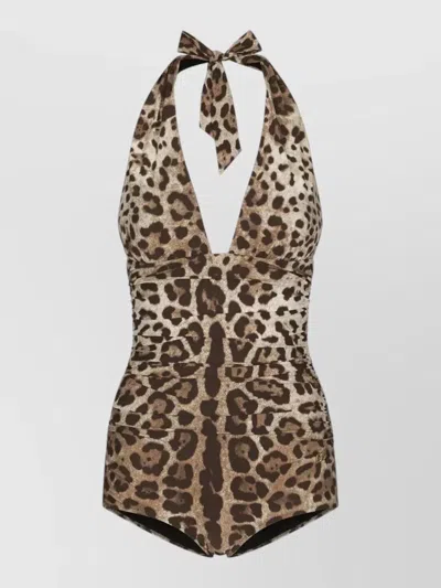 Dolce & Gabbana Deep Neckline One Piece Swimsuit Leopard In Brown