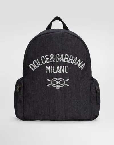 Dolce & Gabbana Kids' Denim Backpack With Logo In Blue