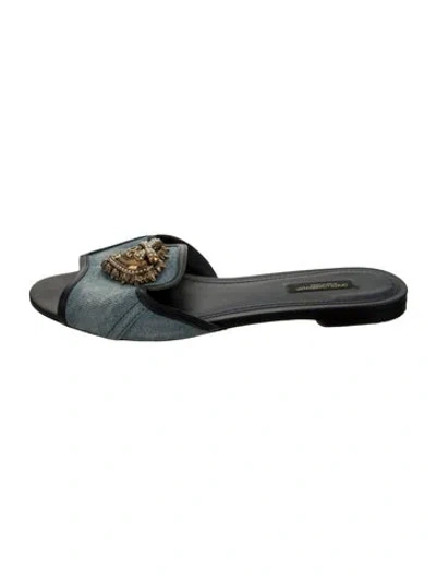 Pre-owned Dolce & Gabbana Denim Beaded Accents Slides In Blue