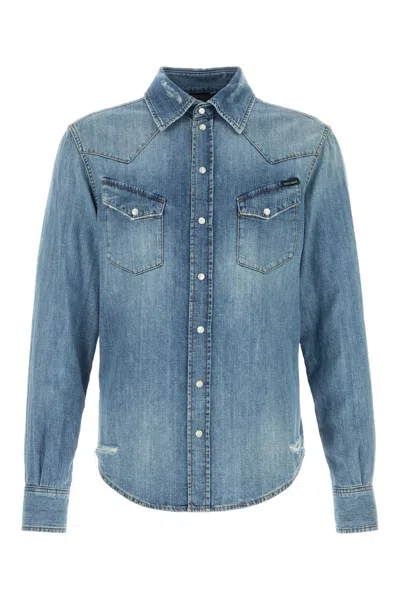 Dolce & Gabbana Cotton Shirt Long Sleeves Western Yoke Pockets In Blue