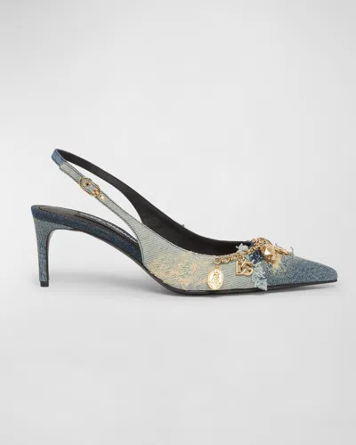 Dolce & Gabbana Denim Charms Slingback Pumps In Blue