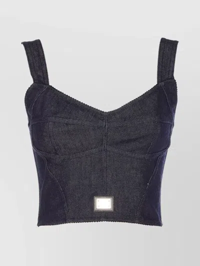 Dolce & Gabbana Denim Corset Heart Neck Cropped Top In Blue
