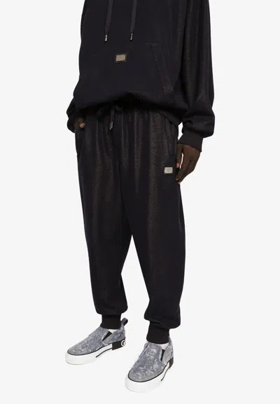 Dolce & Gabbana Denim-effect Logo Plate Track Pants In Blue