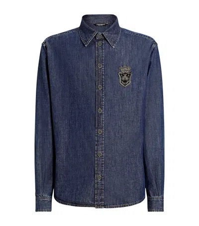 Dolce & Gabbana Denim Embroidered Crest Shirt In Blue