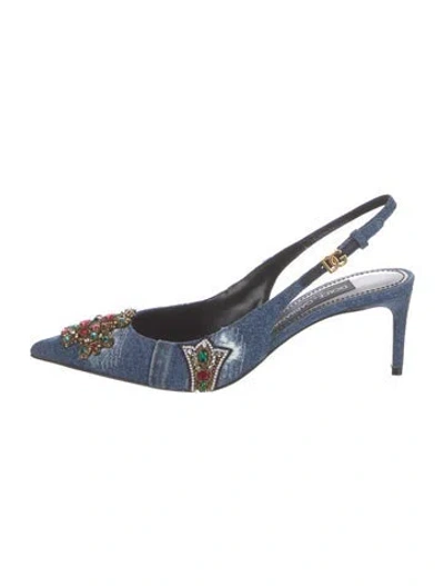 Pre-owned Dolce & Gabbana Denim Floral Print Slingback Pumps W/ Tags In Blue