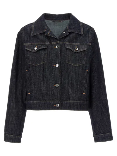 Dolce & Gabbana Logo-plaque Cropped Denim Jacket In Navy