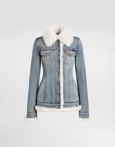 Dolce & Gabbana Denim Jacket With Fur Effect Details In Blue