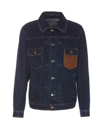 DOLCE & GABBANA DENIM JACKET WITH LEATHER EMBOSSED LOGO PLAQUE